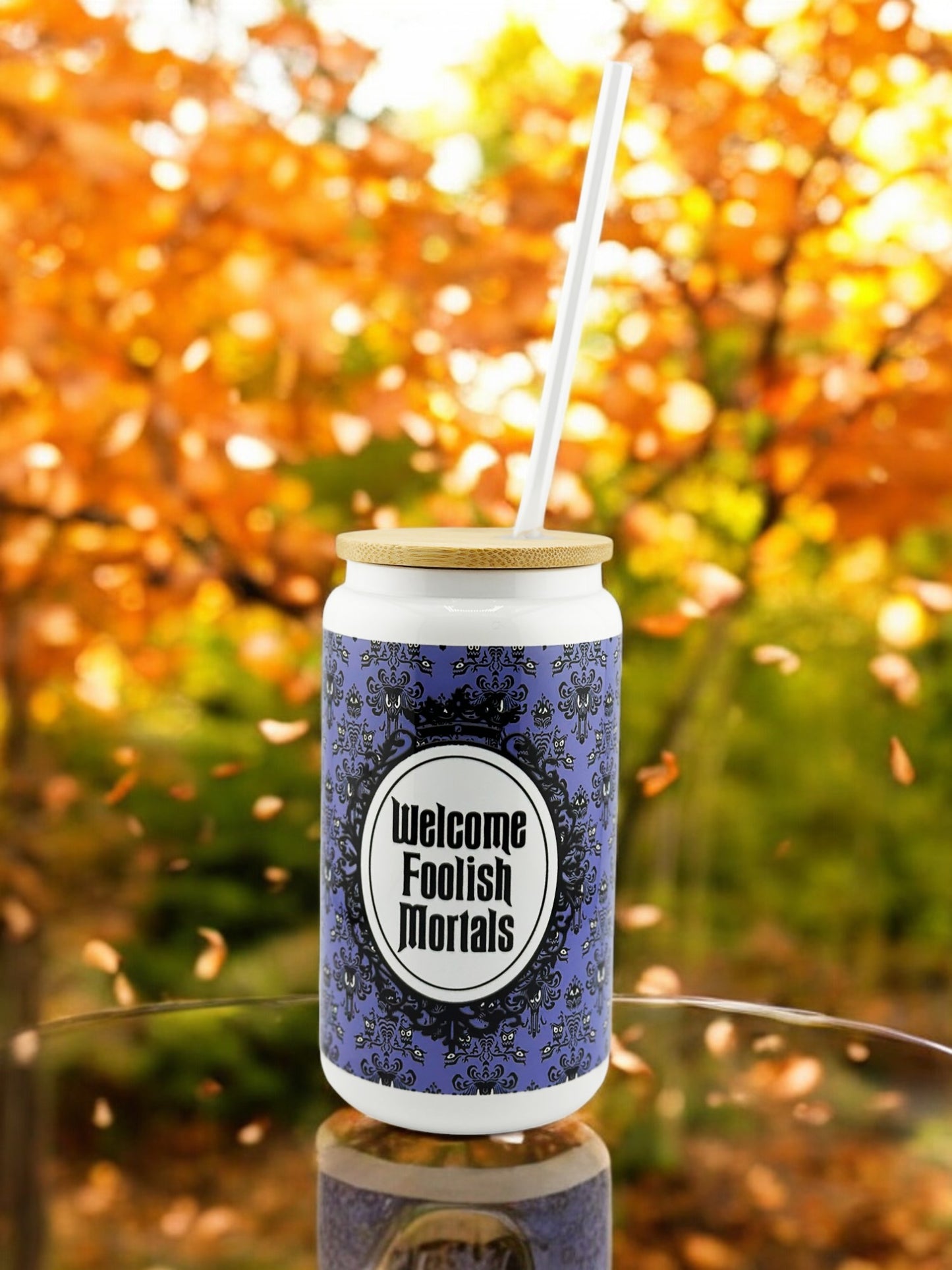 Haunted Mansion Inspired Welcome Foolish Mortals 16oz Glass Tumbler with Wooden Lid and BPA-free Plastic Straw