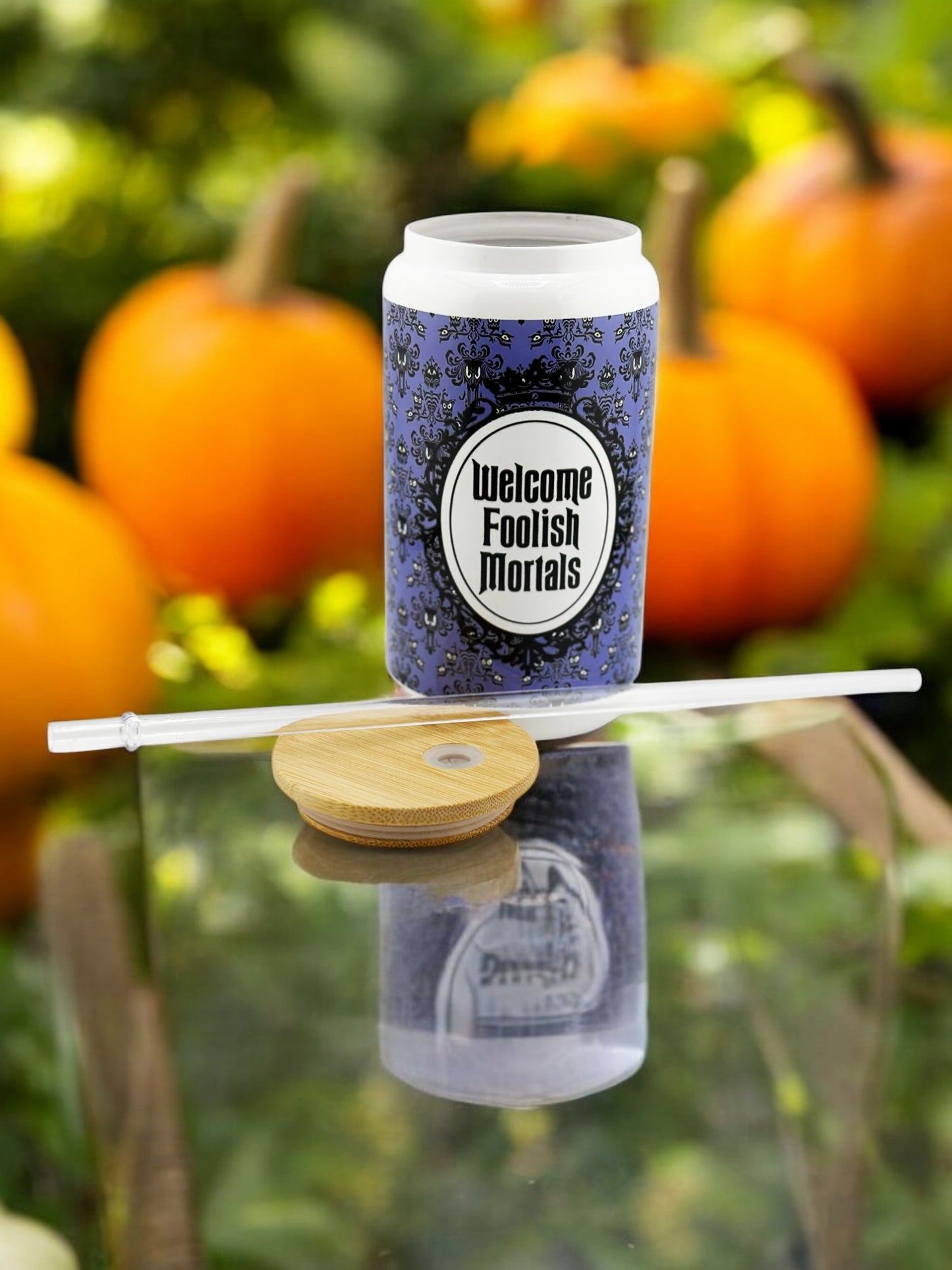 Haunted Mansion Inspired Welcome Foolish Mortals 16oz Glass Tumbler with Wooden Lid and BPA-free Plastic Straw