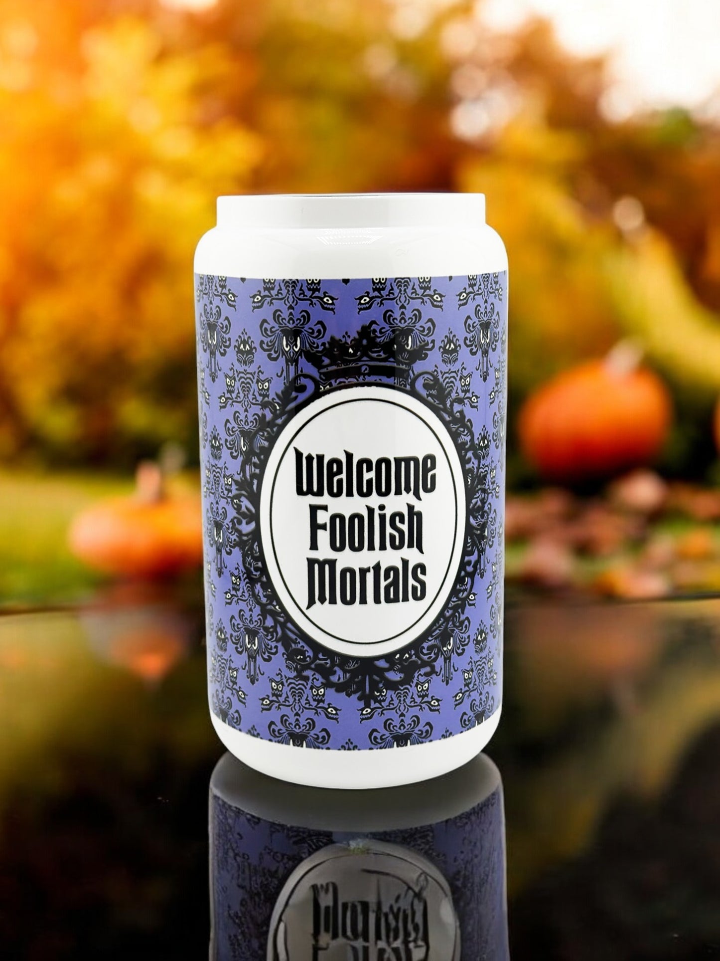 Haunted Mansion Inspired Welcome Foolish Mortals 16oz Glass Tumbler with Wooden Lid and BPA-free Plastic Straw
