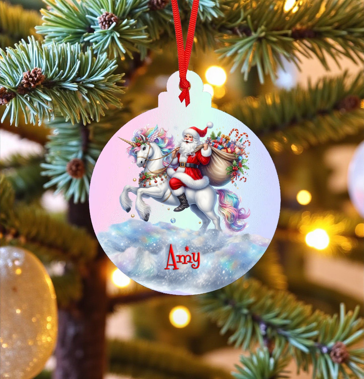 Personalized Santa Riding a Unicorn Ceramic Ornament
