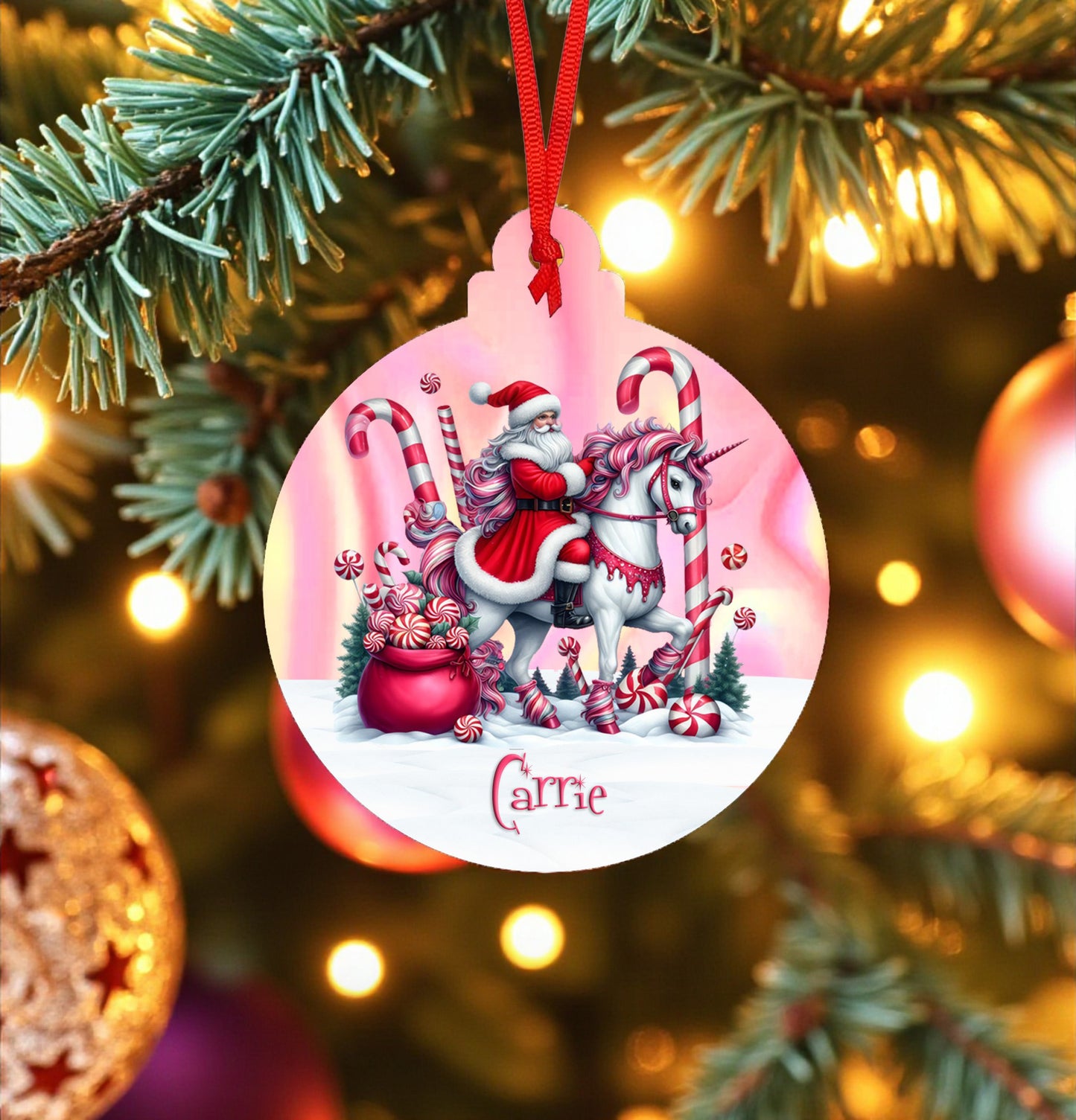 Personalized Santa Riding a Unicorn Ceramic Ornament