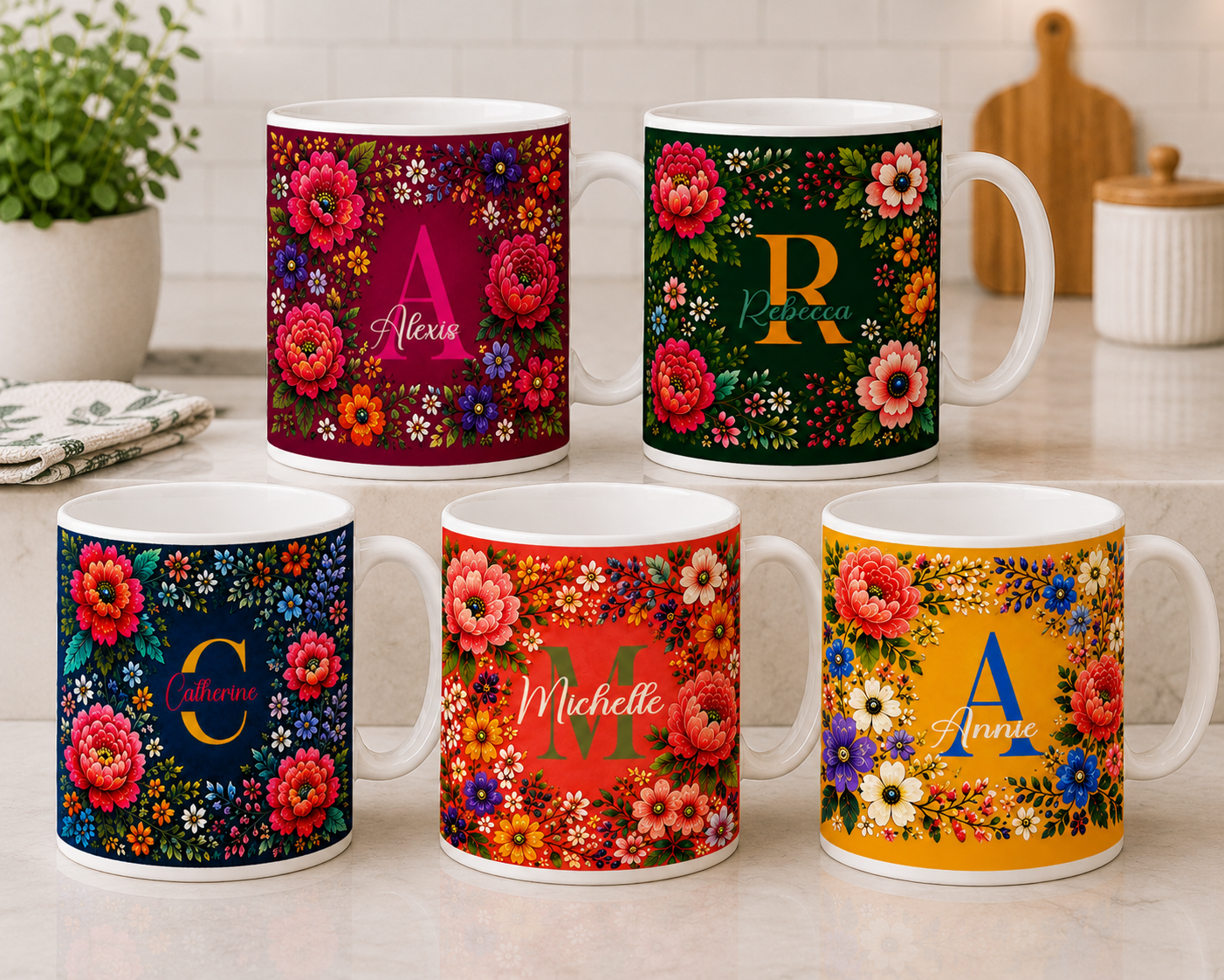 Personalized Double-Sided Floral Monogram Mug - Choose From 2 Sizes