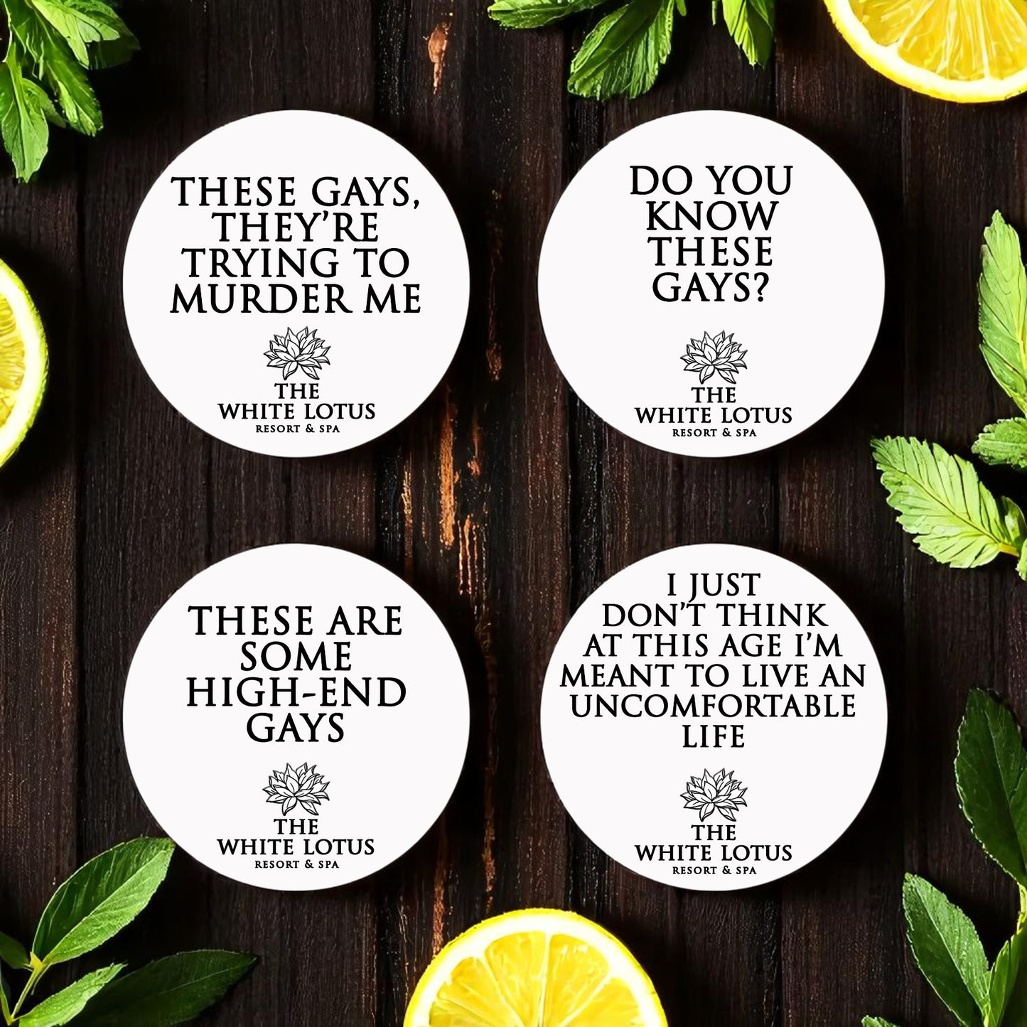 These Gays White Lotus-Inspired Ceramic Coasters - Set of 4!