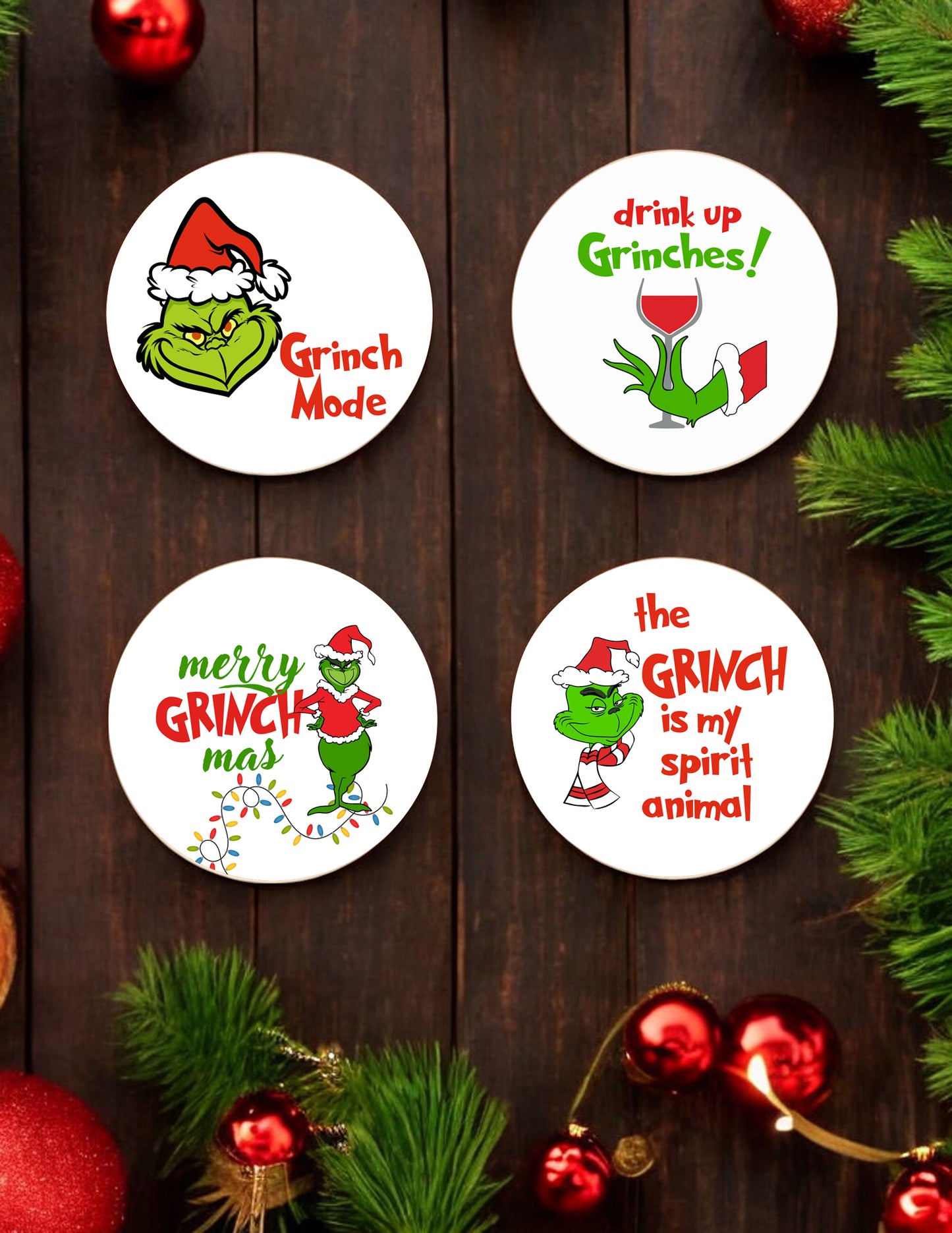 Grinch-Inspired Ceramic Coasters - Set of 4!