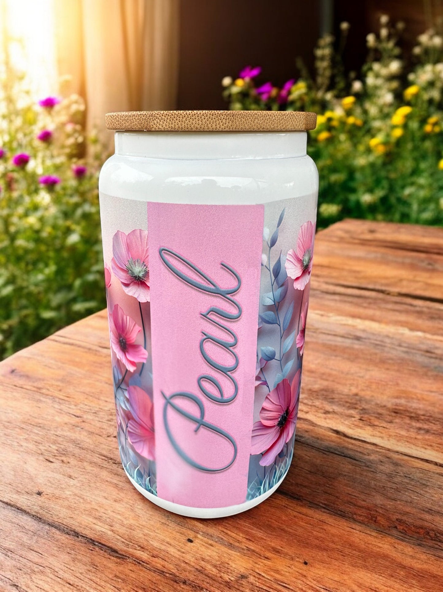 Customized with Your Name - 16oz Glass Tumbler with Wooden Lid and BPA-free Plastic Straw