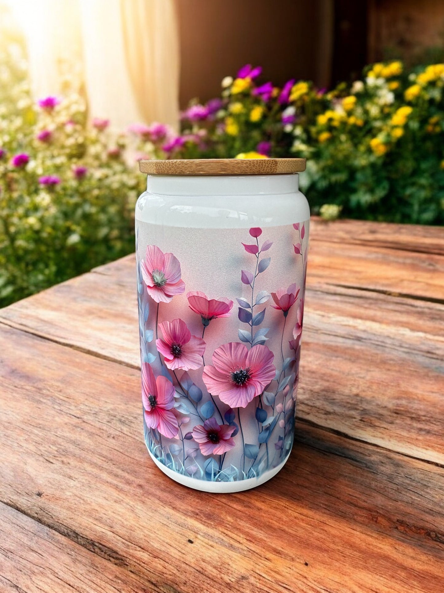 Customized with Your Name - 16oz Glass Tumbler with Wooden Lid and BPA-free Plastic Straw