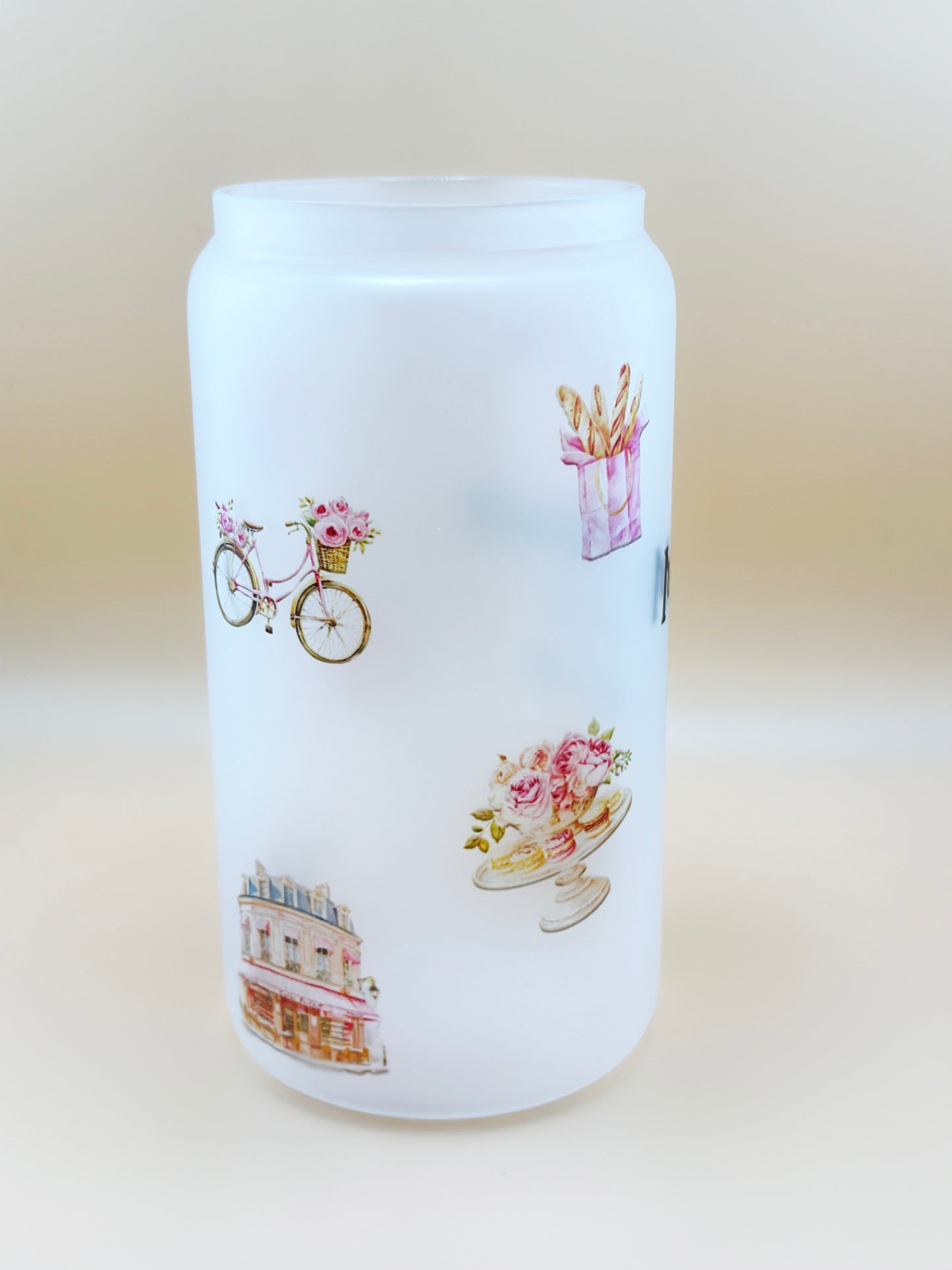 Insulated Paris watercolor summer glass tumbler with PBA-free straw and wooden lid