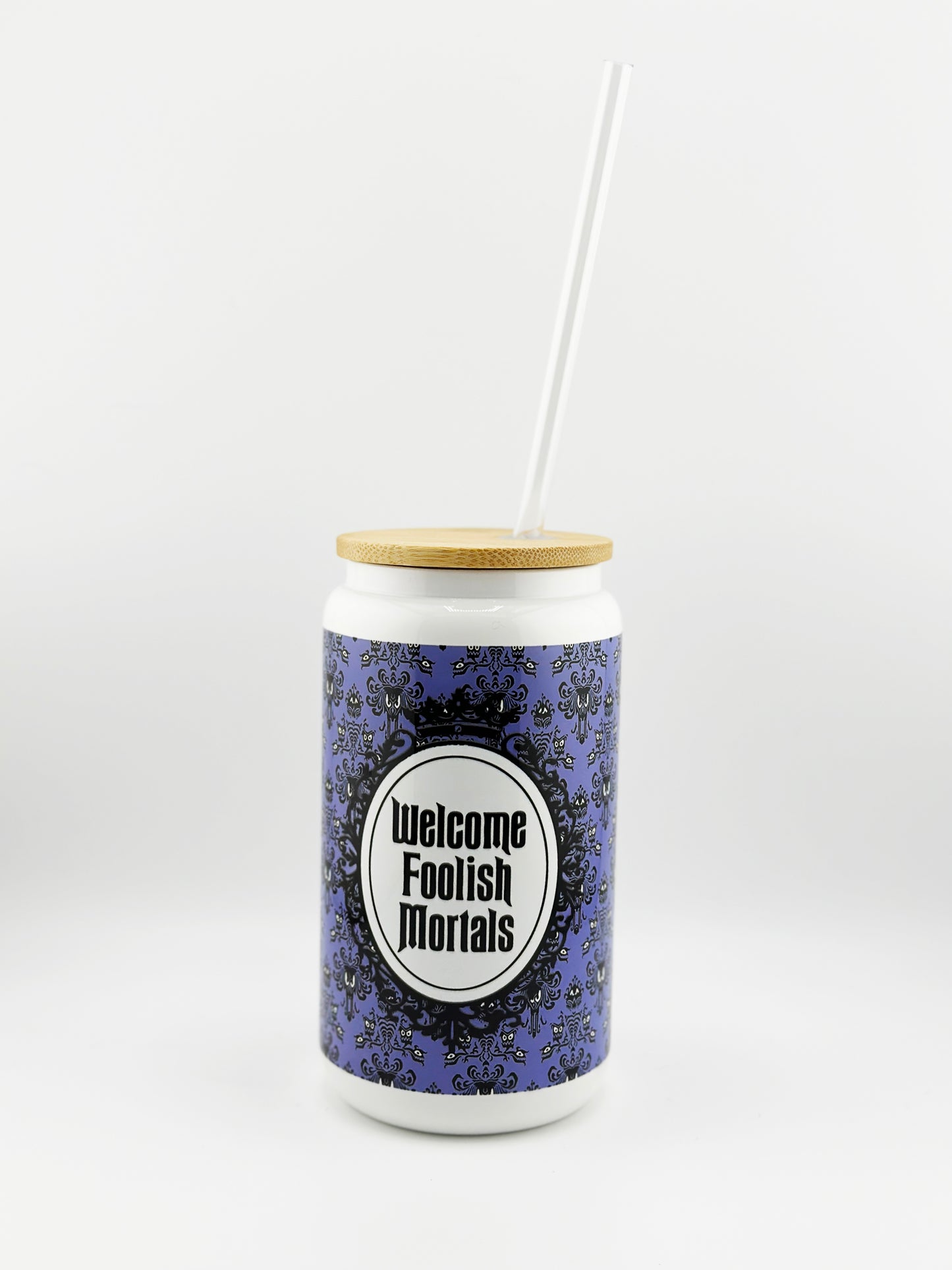 Haunted Mansion Inspired Welcome Foolish Mortals 16oz Glass Tumbler with Wooden Lid and BPA-free Plastic Straw