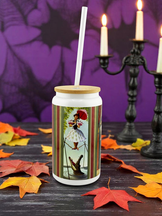 Haunted Mansion Stretching Portraits 16oz Glass Tumbler with Wooden Lid and Straw