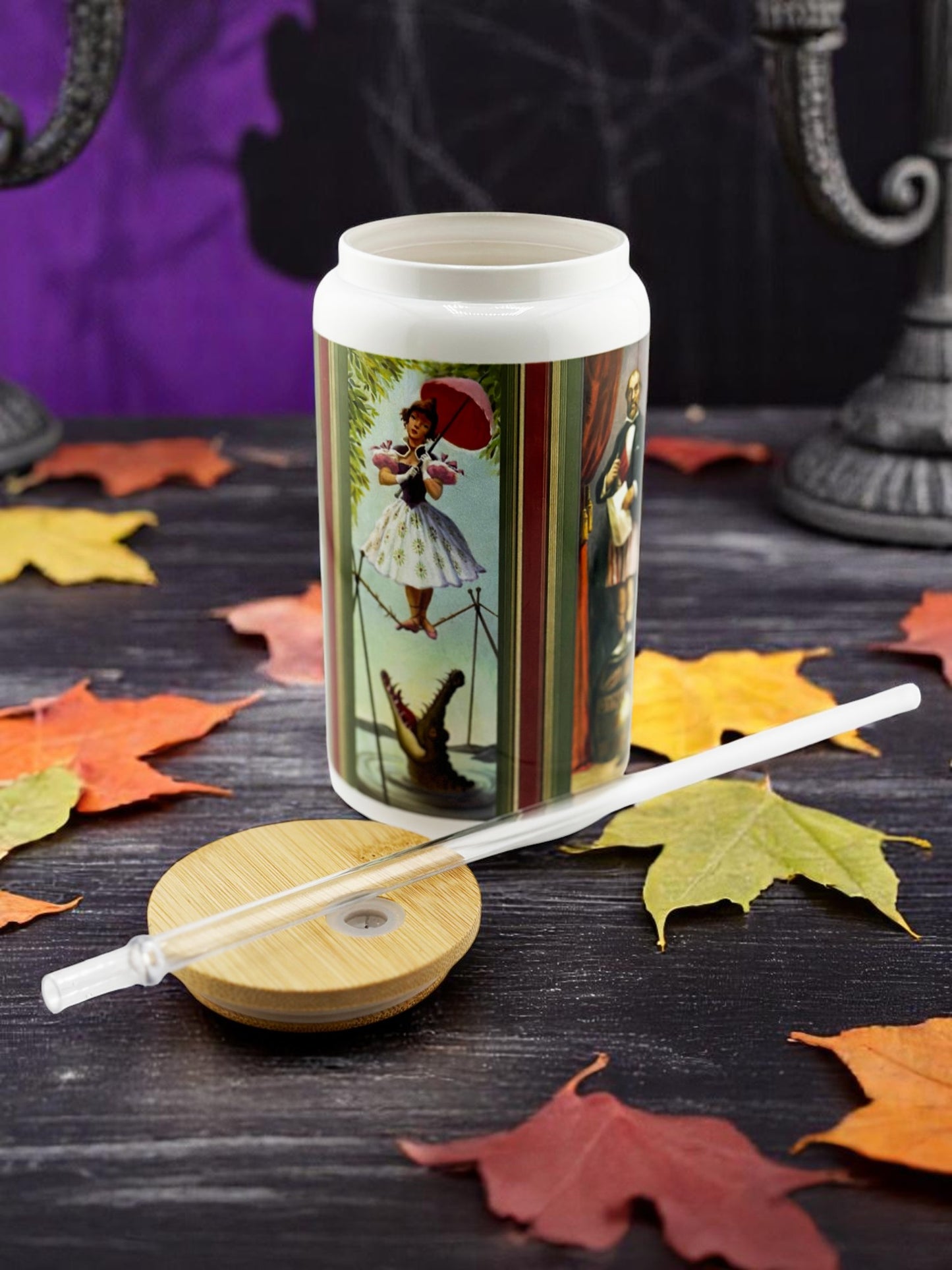 Haunted Mansion Stretching Portraits 16oz Glass Tumbler with Wooden Lid and Straw