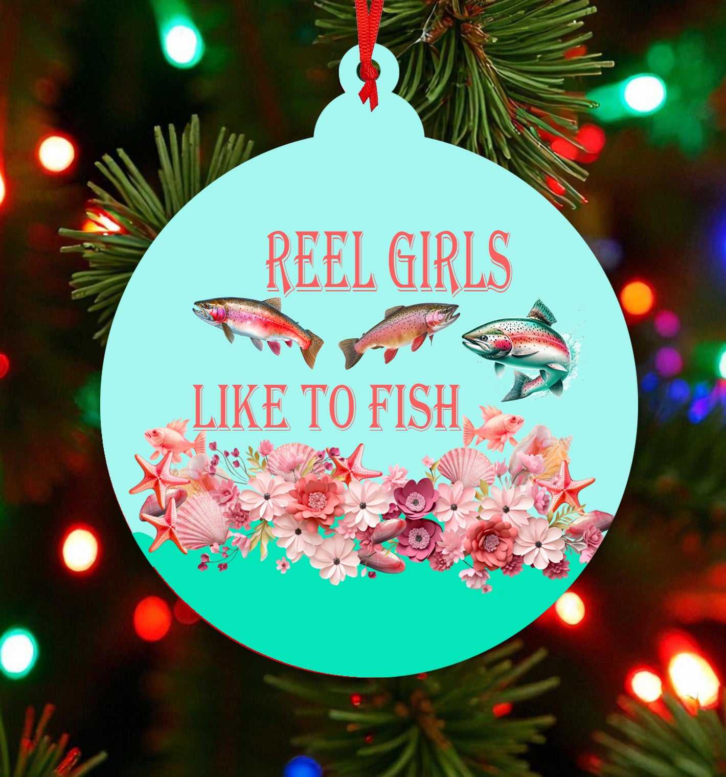 Reel Girls Fishing Christmas Ornament - Coral or Aqua
