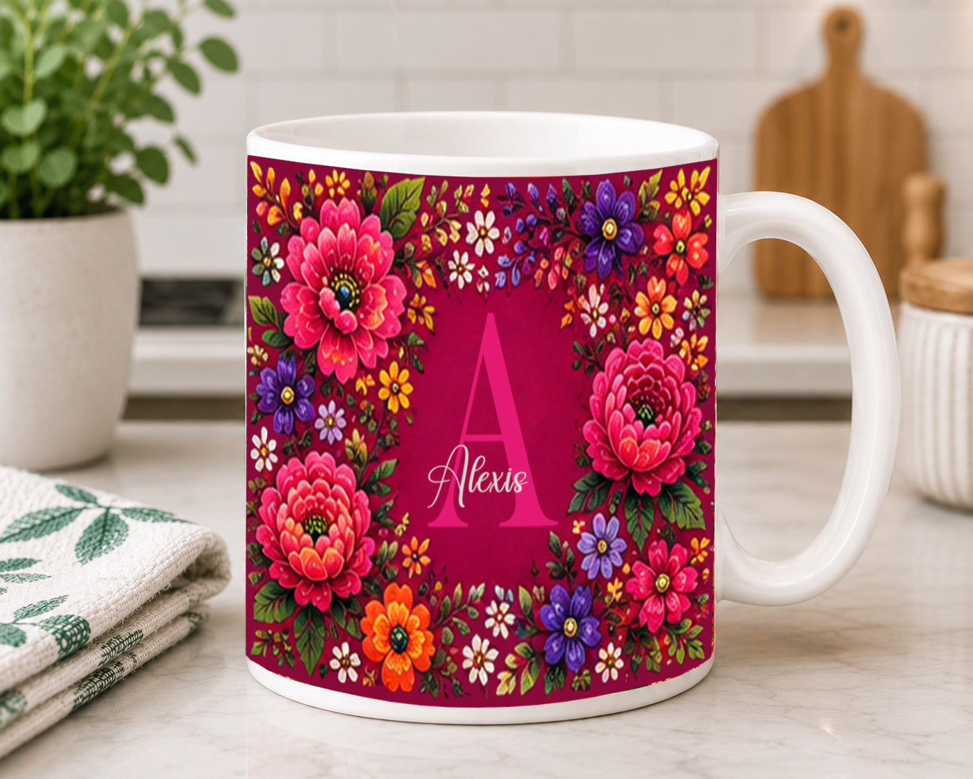 Personalized Double-Sided Floral Monogram Mug - Choose From 2 Sizes