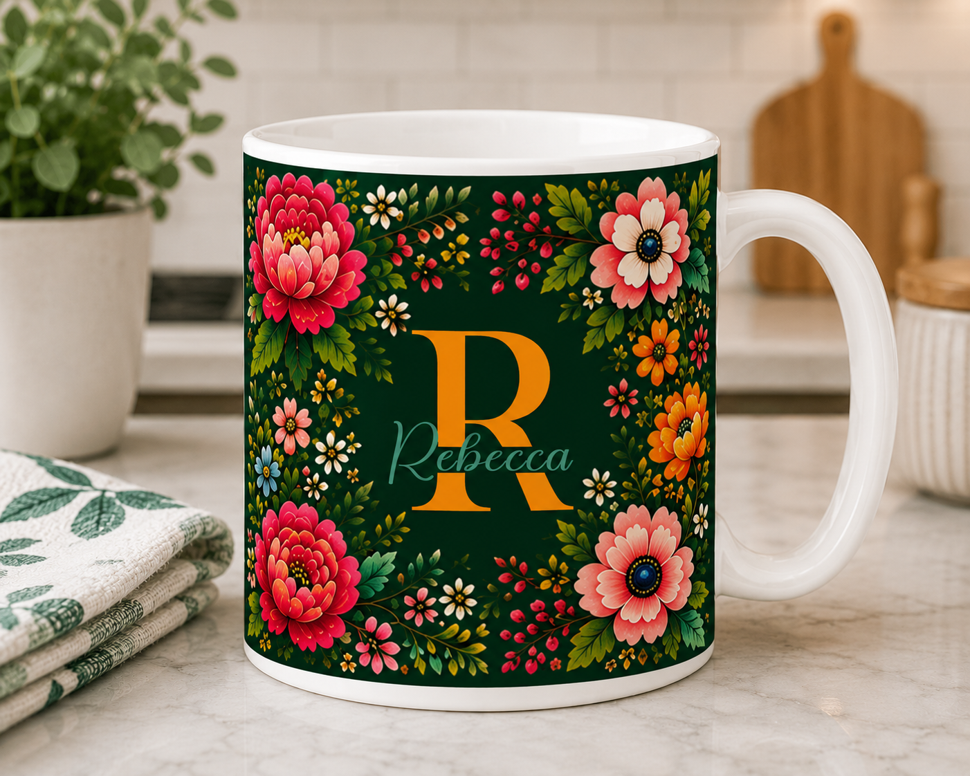 Personalized Double-Sided Floral Monogram Mug - Choose From 2 Sizes
