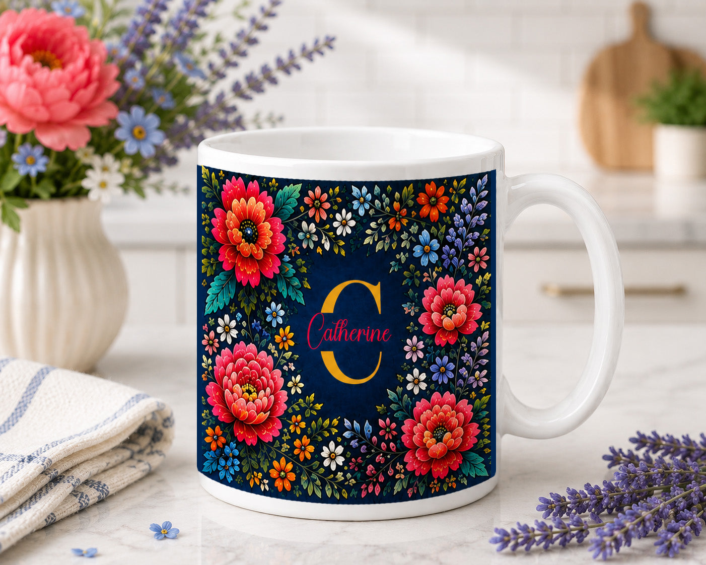 Personalized Double-Sided Floral Monogram Mug - Choose From 2 Sizes
