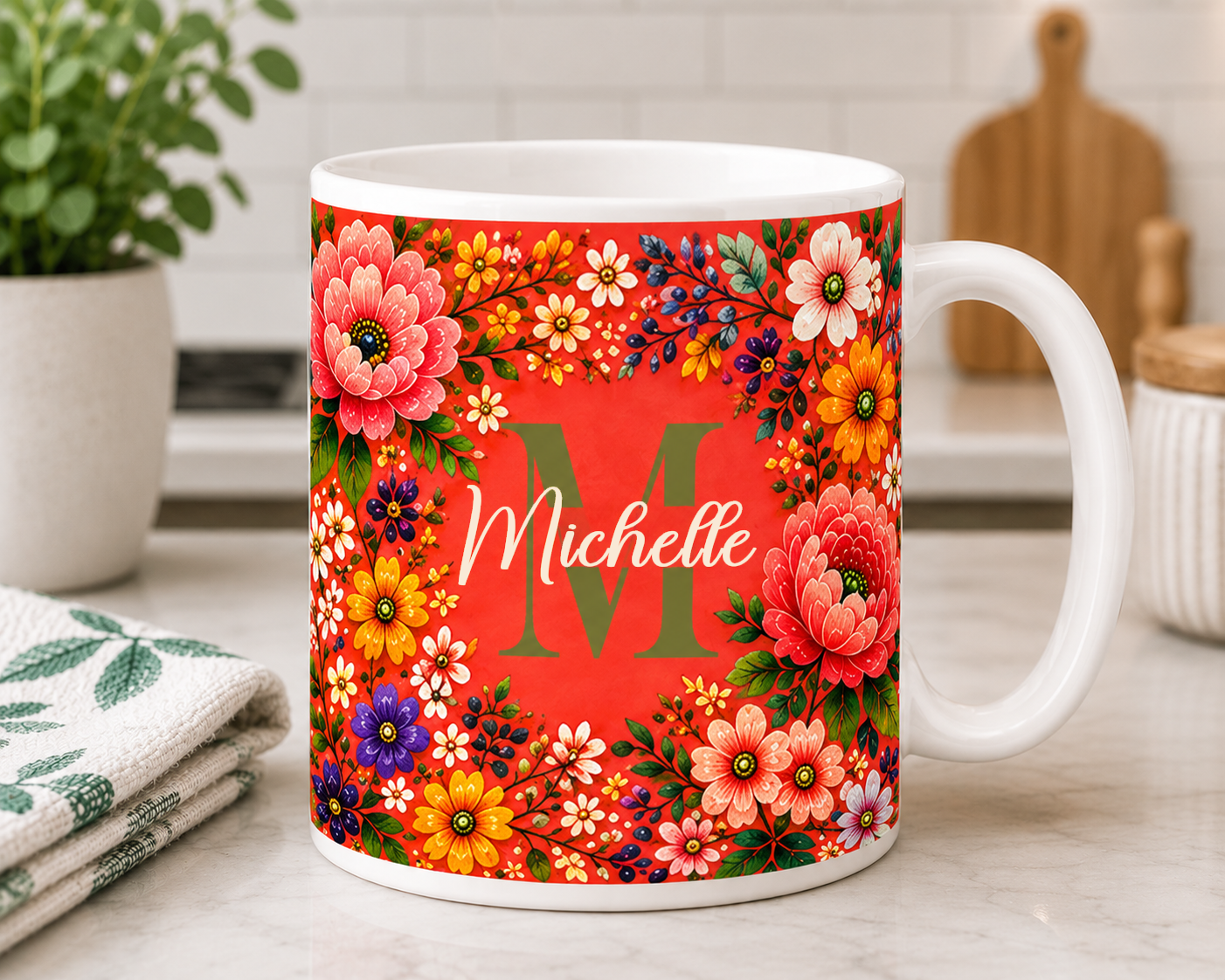 Personalized Double-Sided Floral Monogram Mug - Choose From 2 Sizes