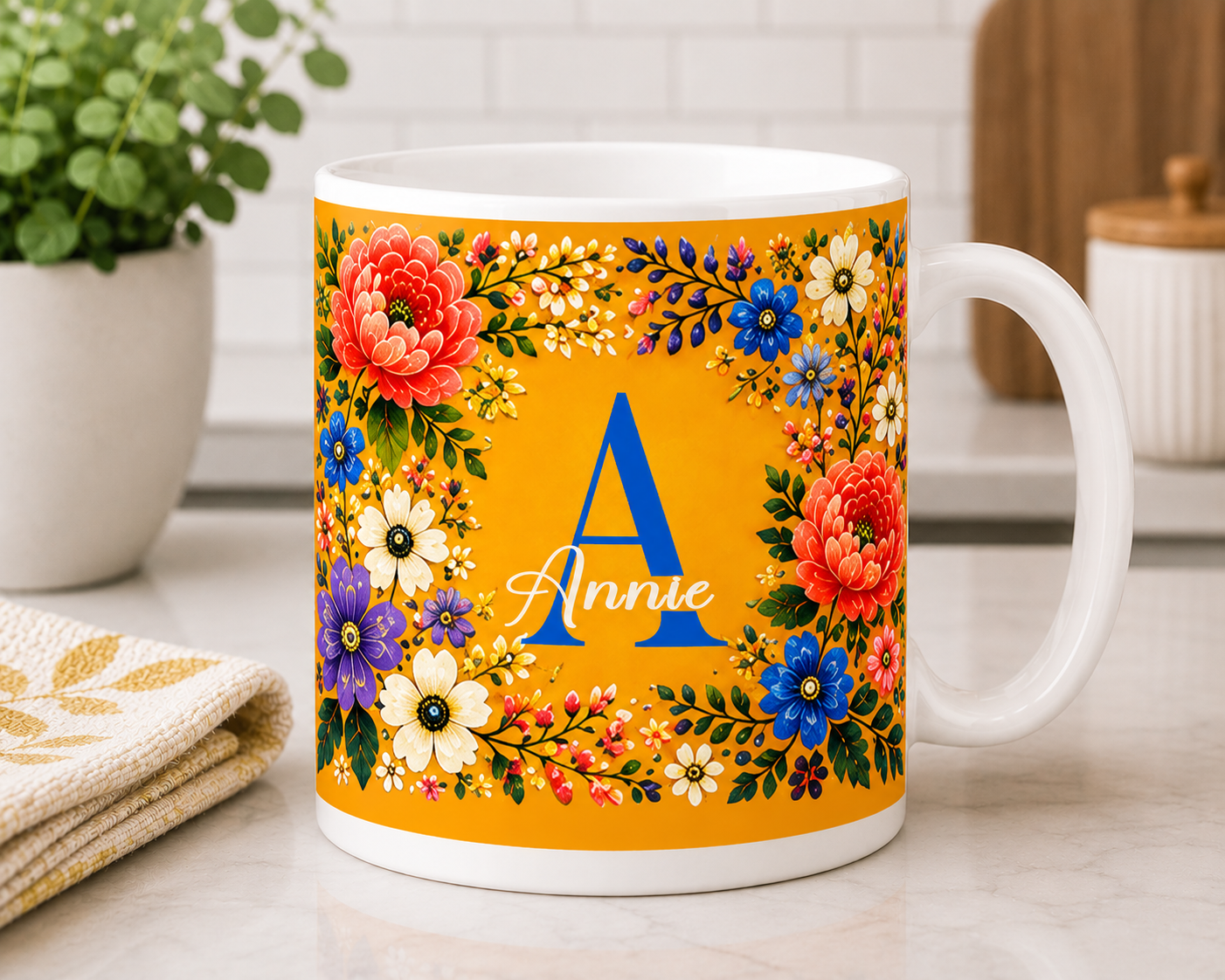 Personalized Double-Sided Floral Monogram Mug - Choose From 2 Sizes