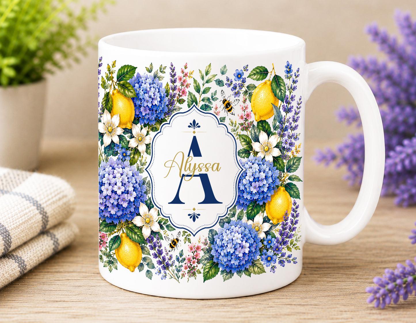 Personalized Floral Monogram Mug, Custom Initial & Name Mug - Double Sided!