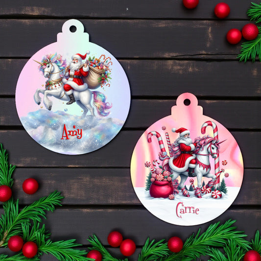 Personalized Santa Riding a Unicorn Ceramic Ornament