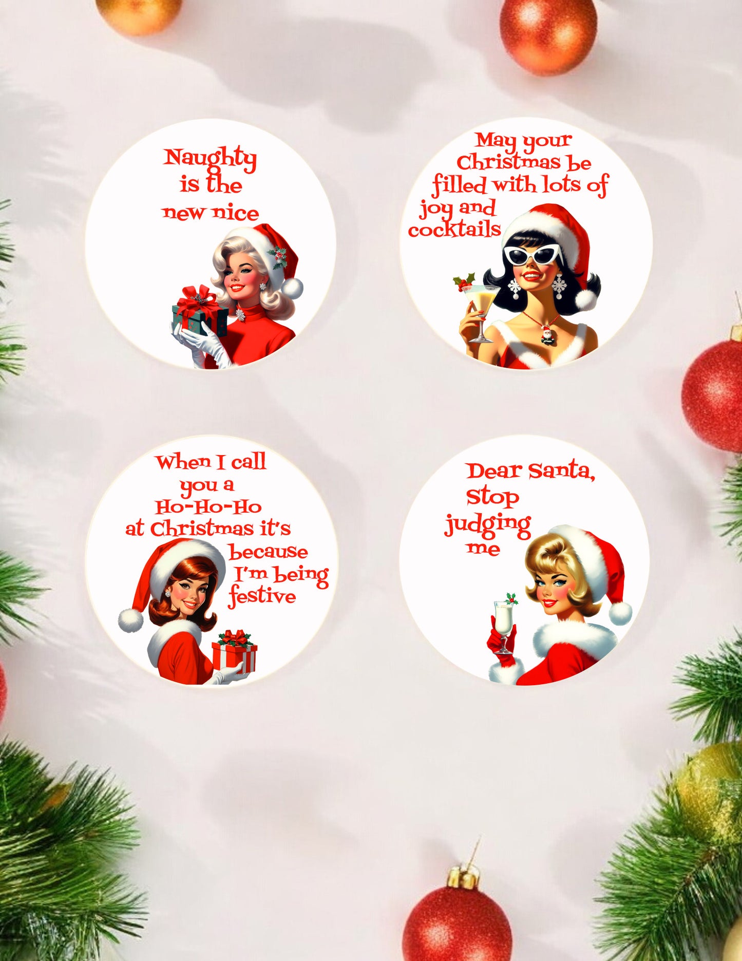 Retro Christmas Ladies Ceramic Coasters - Set of 4!