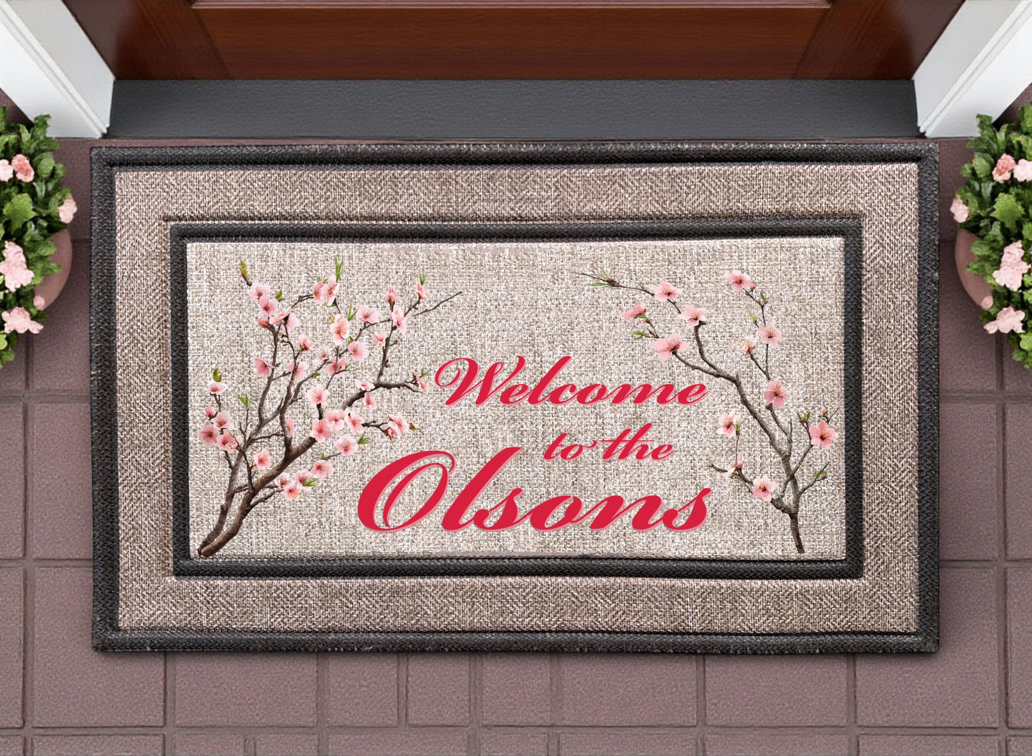 Personalized Door Mat with Cherry Blossoms